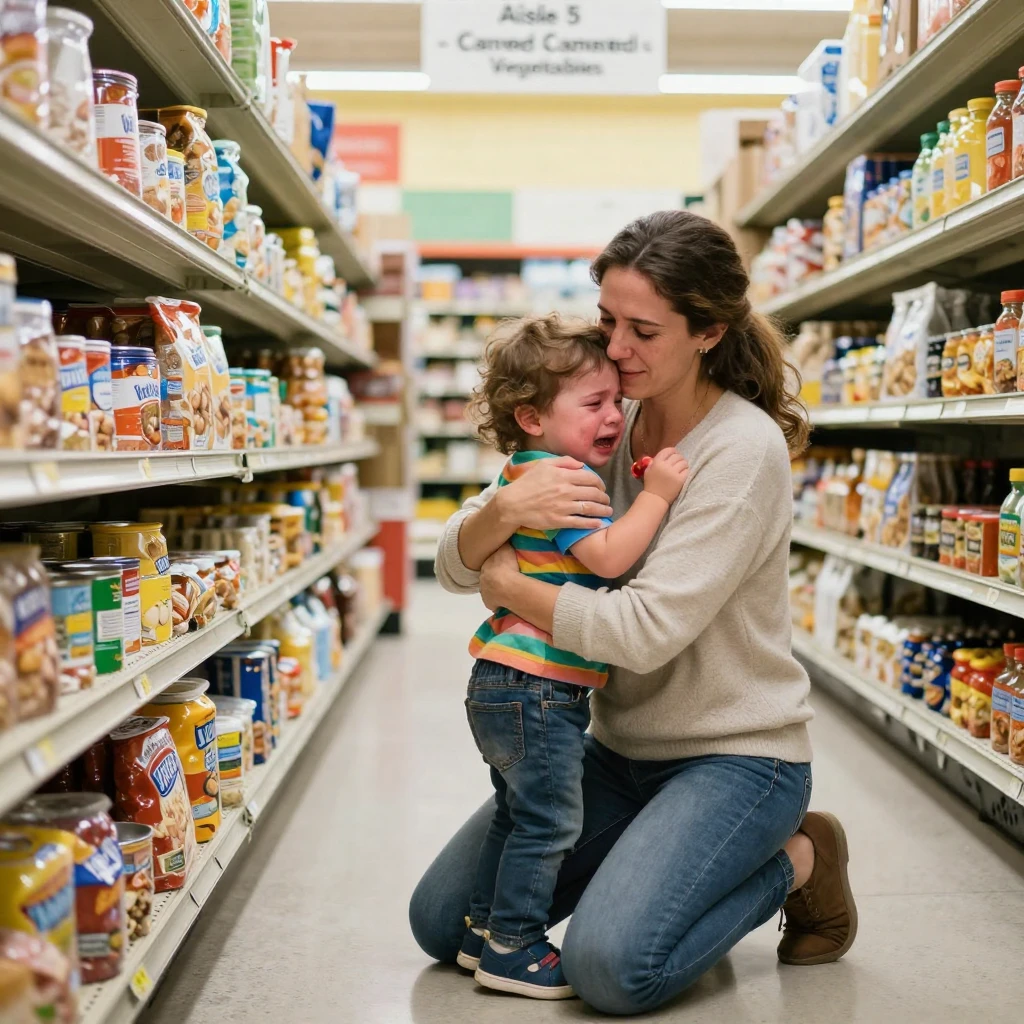 A mother comforts a crying toddler in a grocery store aisle with a gentle hug.