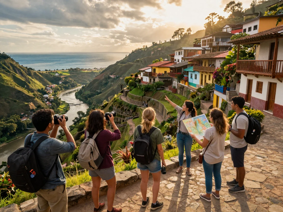 Travelers exploring a terraced hillside town overlooking the sea beside a winding river in South America