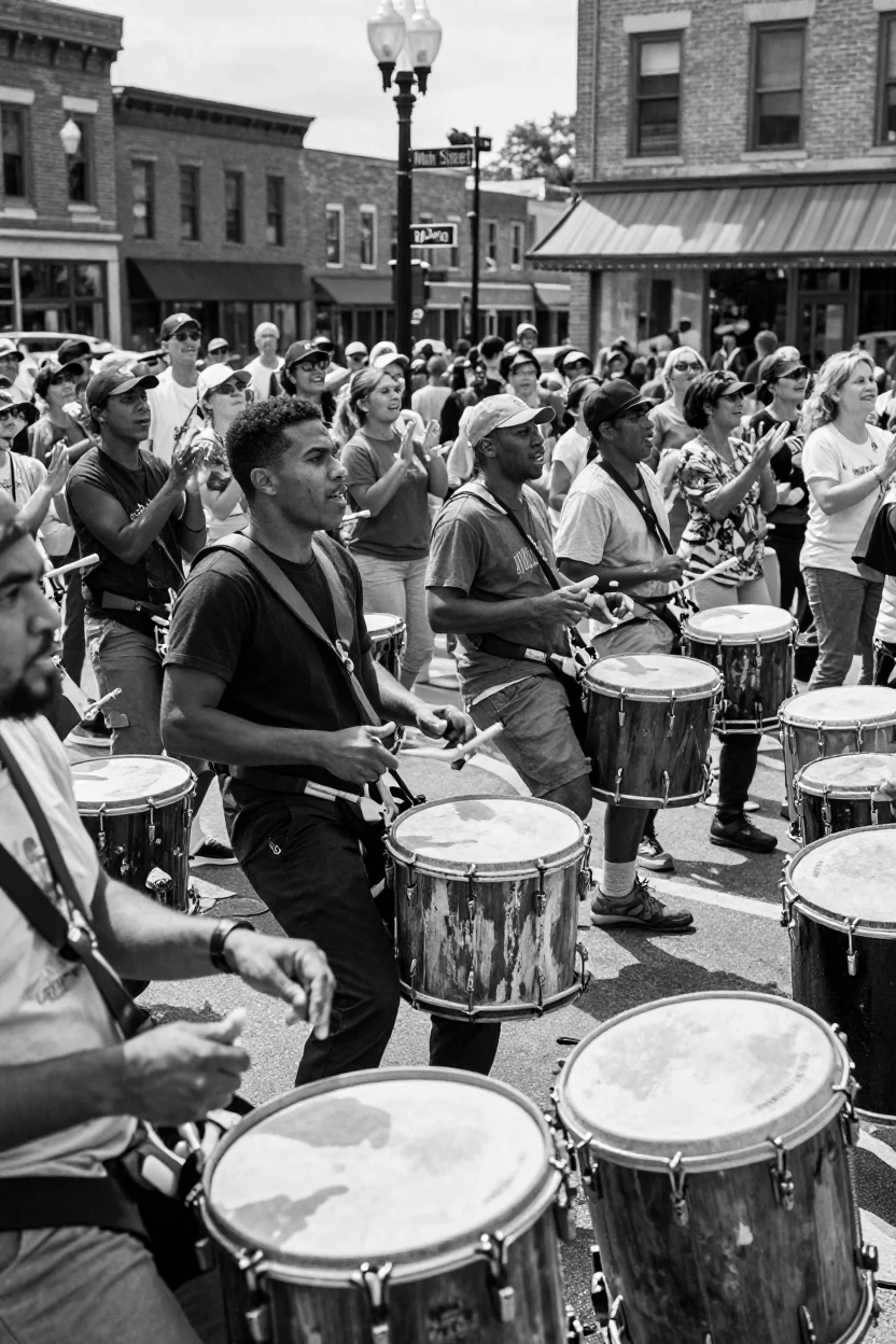 A group of drummers pounds out a thunderous rhythm in a crowded town square.