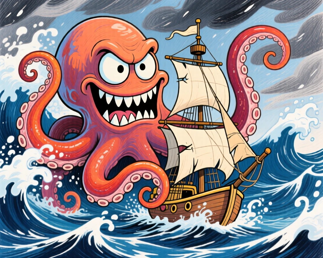 A kraken rising from stormy waves to grip the mast of a small sailing ship.