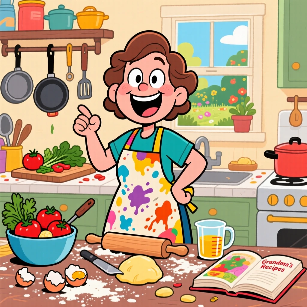 An everyday-life snapshot of an enthusiastic home cook, surrounded by all the tools of their craft, surrounded by a delightful mess of supplies.