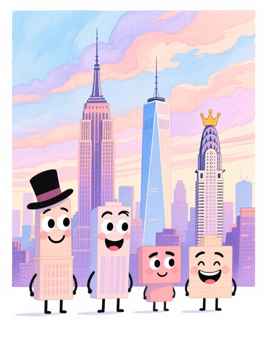 A dreamy travel postcard scene of the skyline of New York City under a dramatic pastel sky