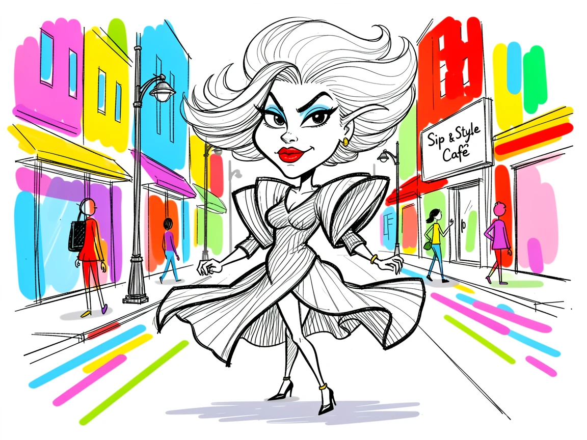 [Trending & Universal Topics] Modern lifestyle scene of a fashionista strutting confidently down a colorful city street, capturing everyday joy