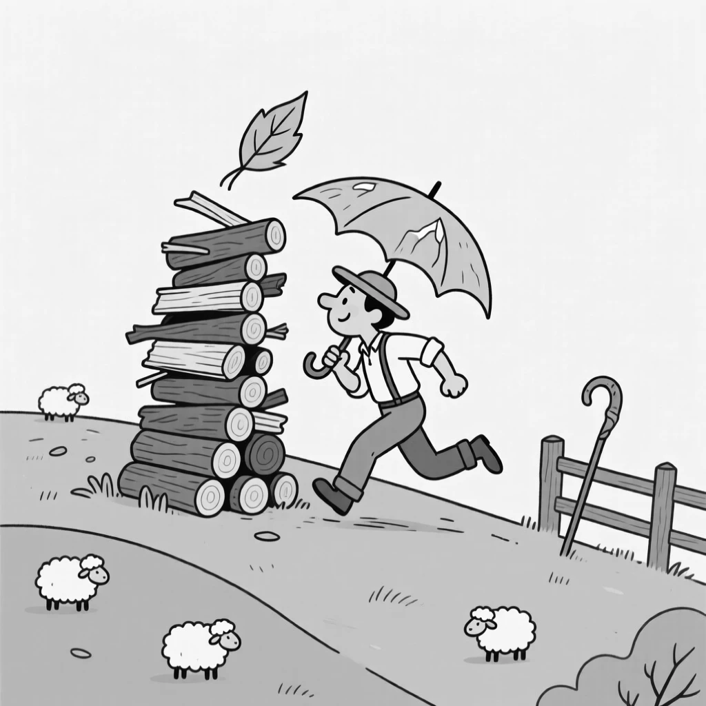 A woodsman stacking a wobbly tower of firewood, sprinting for cover under one flimsy leaf as an umbrella, set on a rolling green hillside dotted with sheep. A lone shepherd's crook leans against a fence post. It captures the quiet wonder of the changing seasons.