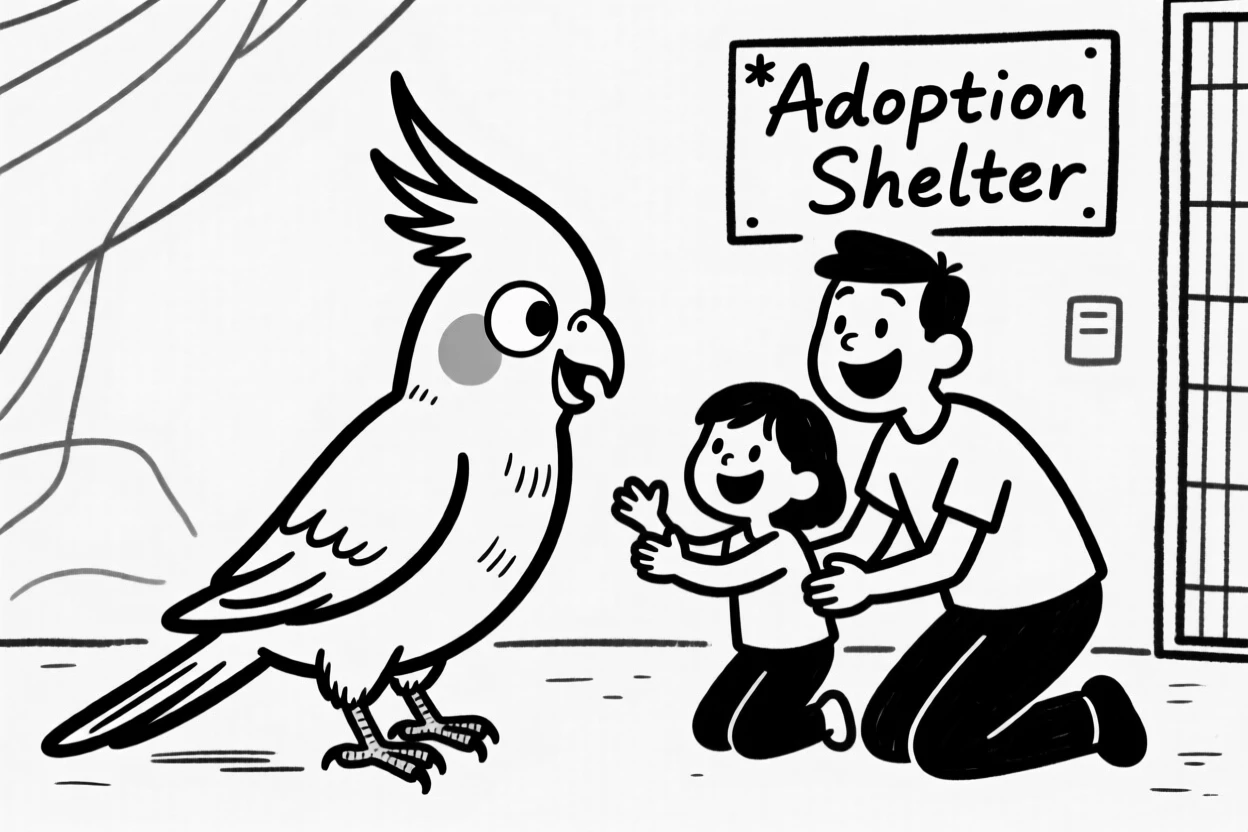 A cockatiel getting adopted from a shelter, tail wagging as a new family kneels to greet it.