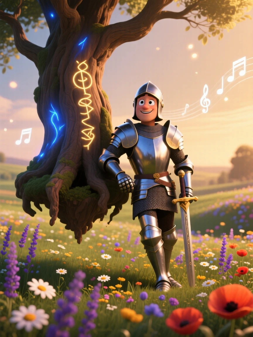 A knight in silver armor stands beside an ancient tree with glowing runes carved into its bark, floating gently above a field of flowers. The atmosphere feels mystical yet warmly inviting, with faint music seeming to drift on the breeze.