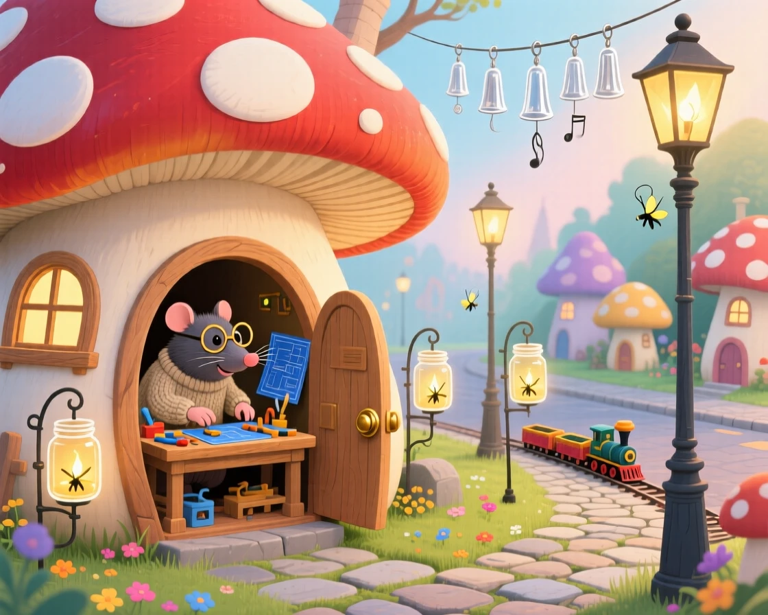 A mole who builds tiny trains is living in a house built inside a giant mushroom in a town where the streetlights are fireflies in jars, while soft chimes ring from unseen bells.
