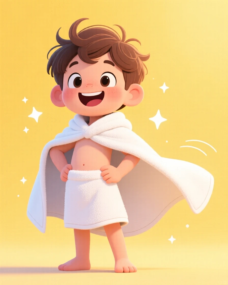 A boy proudly wearing a cape made from a bath towel.