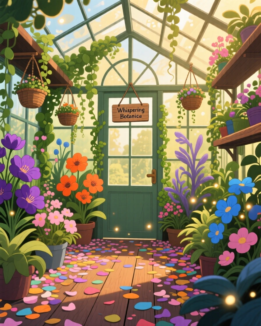 A greenhouse overflowing with exotic blooming plants, a carpet of fallen petals covering the ground, creating a scene of quiet natural magic.