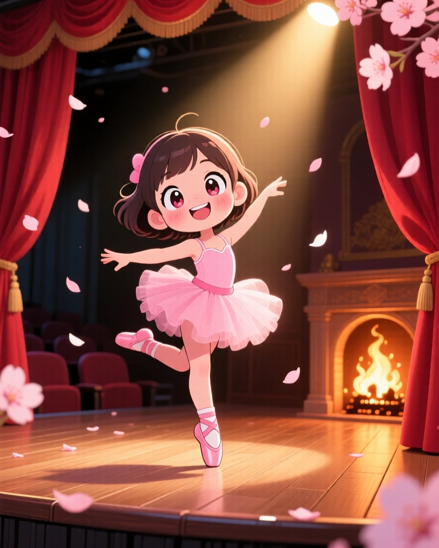 A small girl in a tutu twirling gracefully on a stage, framed as a full-body shot within a spotlighted theater stage, as cherry blossom petals drift on the breeze, glowing under cozy firelight, evoking playful mischief.