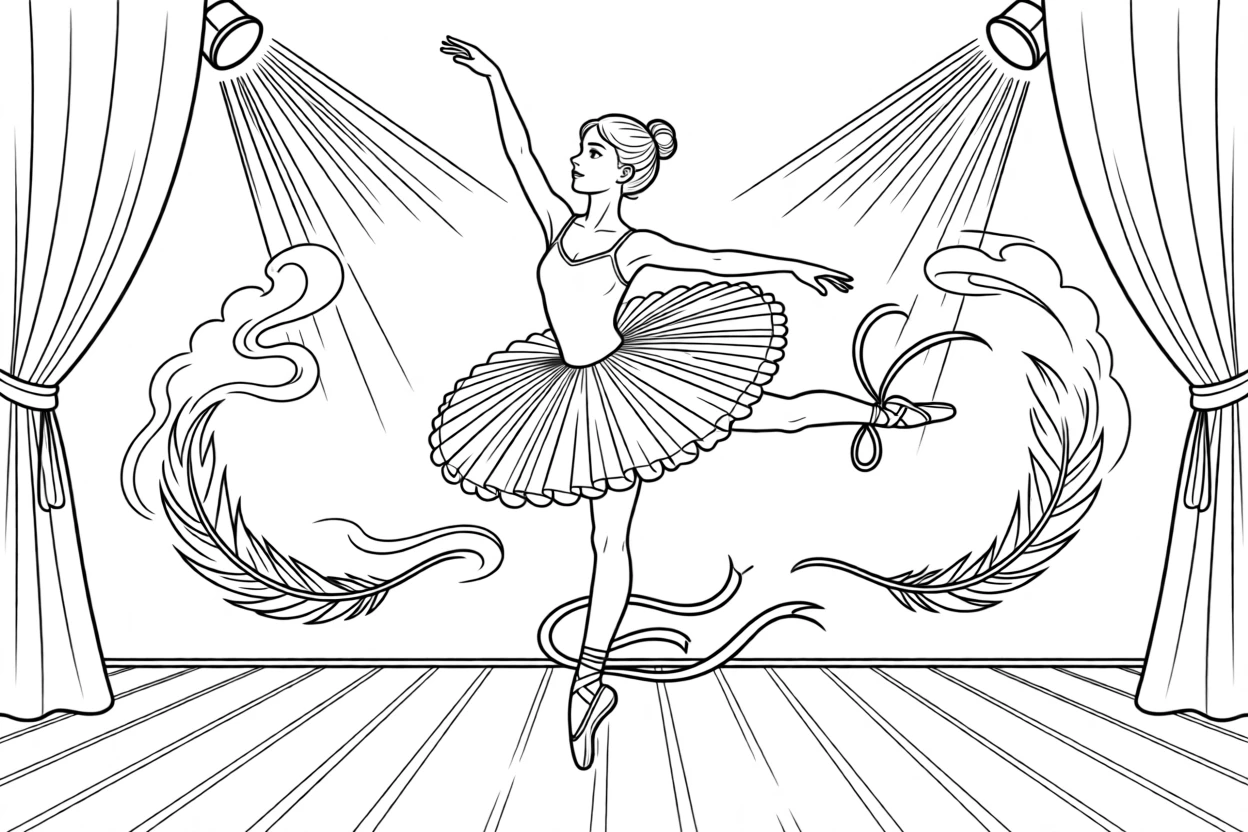 A ballet dancer mid-leap on an empty stage, with smoke and colored lights swirling around the stage.