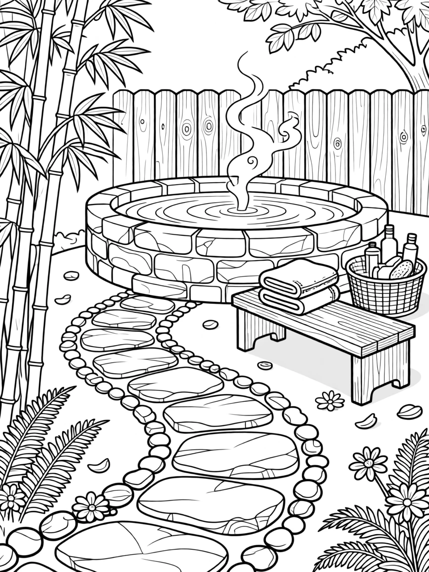 A quiet spa stone path leading to a steaming outdoor bath.