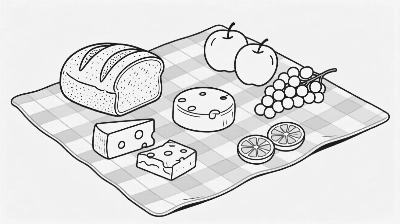 A picnic spread with bread, cheese, and fruit on a checkered cloth