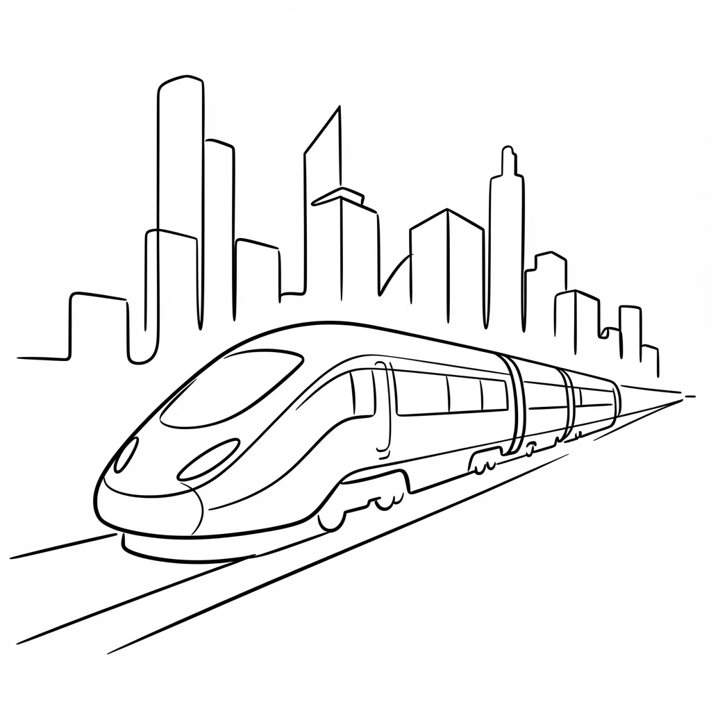 A sleek electric train speeding through a modern city skyline