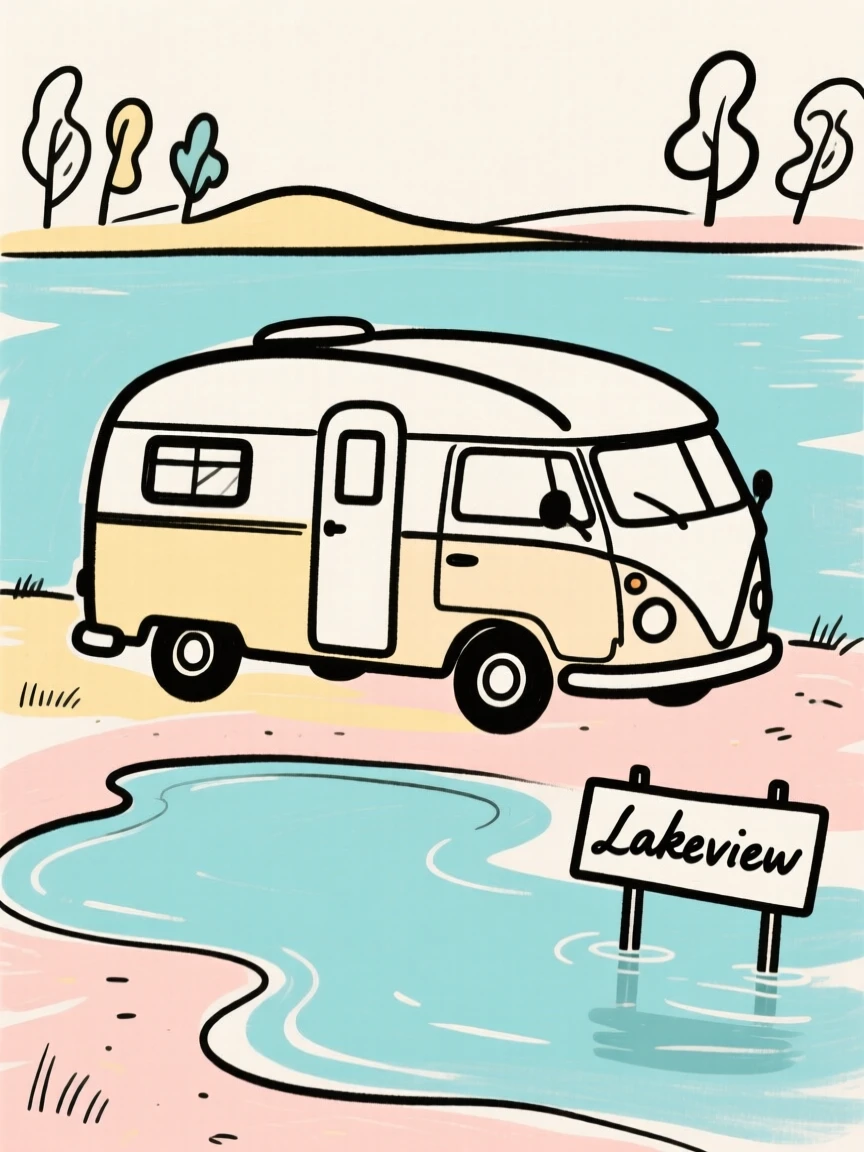 A camper van parked by a lake