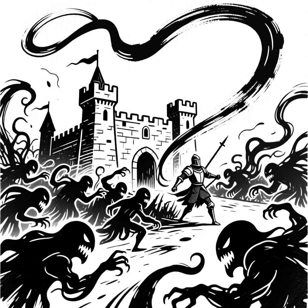 A knight's castle under siege by a horde of shadow creatures.