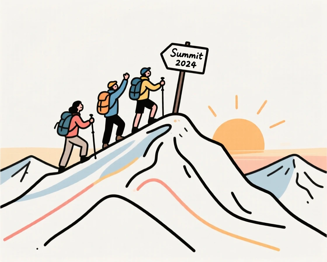 A group of hikers reaching a mountain summit at sunrise.