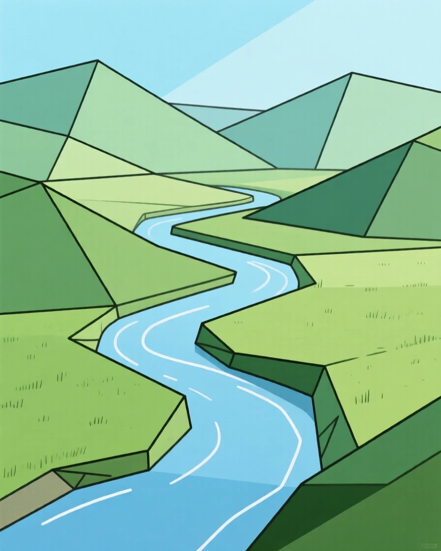 A winding river cutting through a green valley