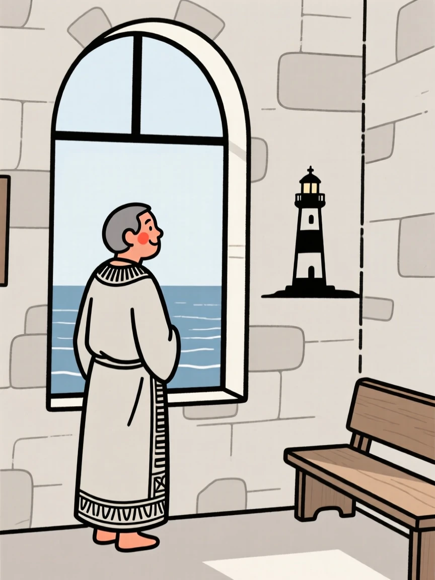 A lighthouse of egyptian heritage keeper watching the sea, smiling shyly, in a quiet chapel.