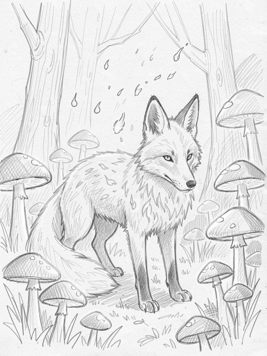 A magical, imaginative vision of a spirit fox with glowing blue flames within a forest of glowing mushrooms, with embers drifting gently upward.