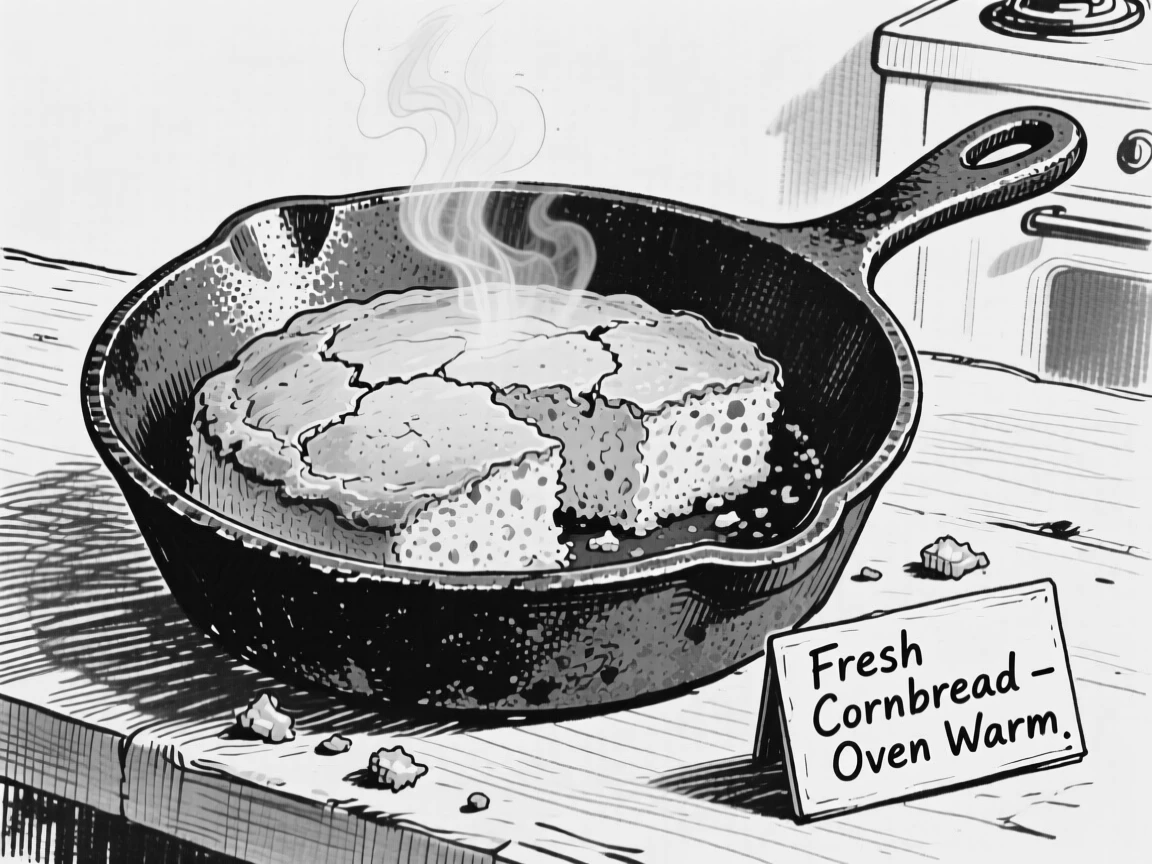 A rustic cast iron skillet of cornbread fresh from the oven.