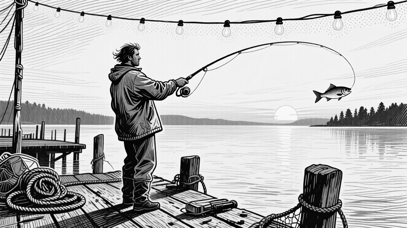 A fisherman casting a line at sunrise beneath the glow of string lights, with a gentle breeze moving through their hair, creating a genuinely uplifting lifestyle scene.