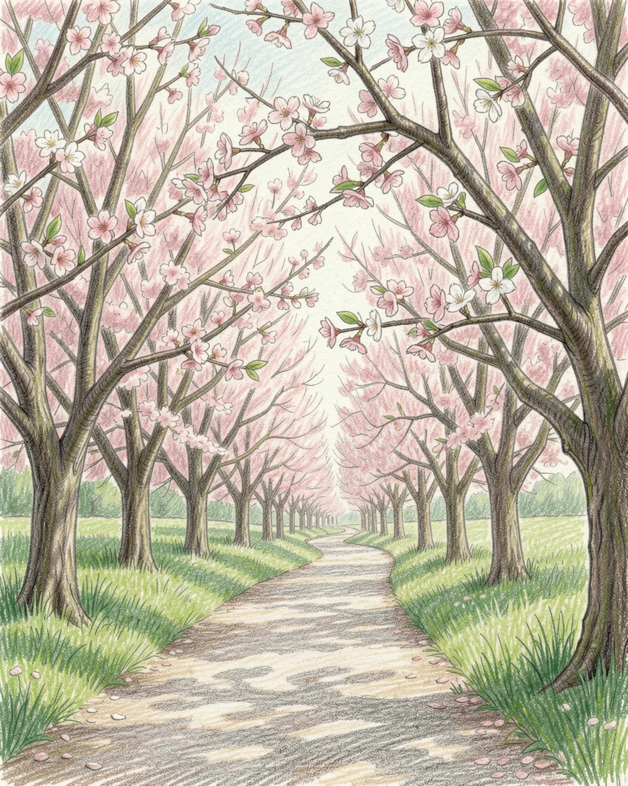 A cherry orchard in full bloom along a quiet country lane, captured in a quiet, intimate moment full of atmosphere, capturing a quiet story that lingers with the viewer.