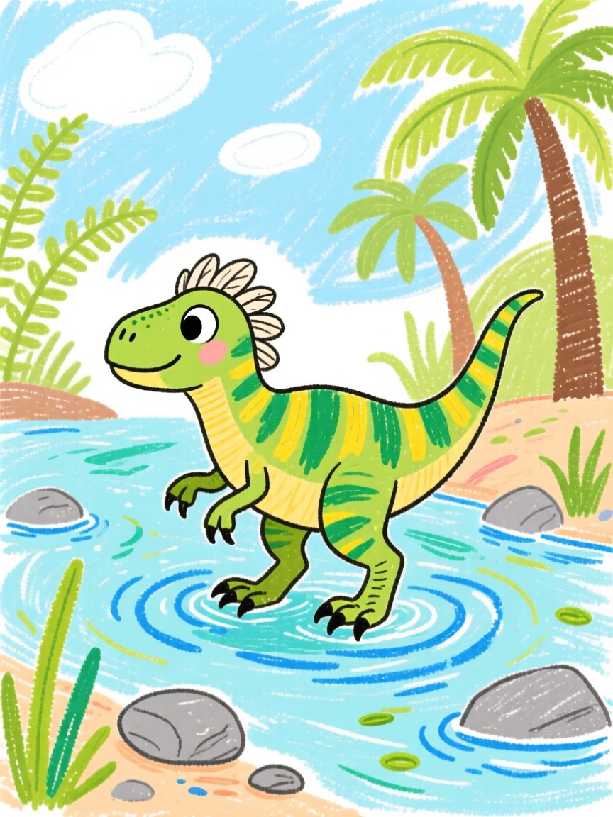 A young Velociraptor wading through a shallow prehistoric river.