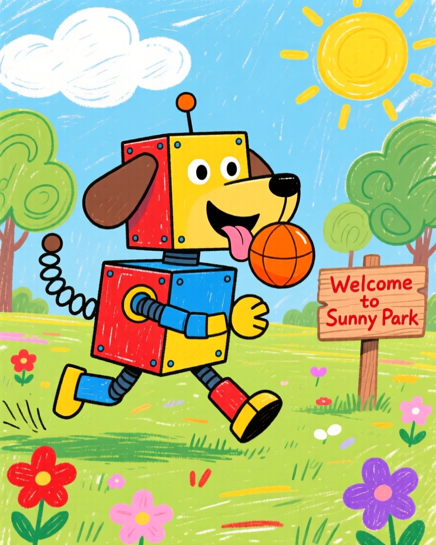 A friendly robot dog fetching a ball in a sunny park.