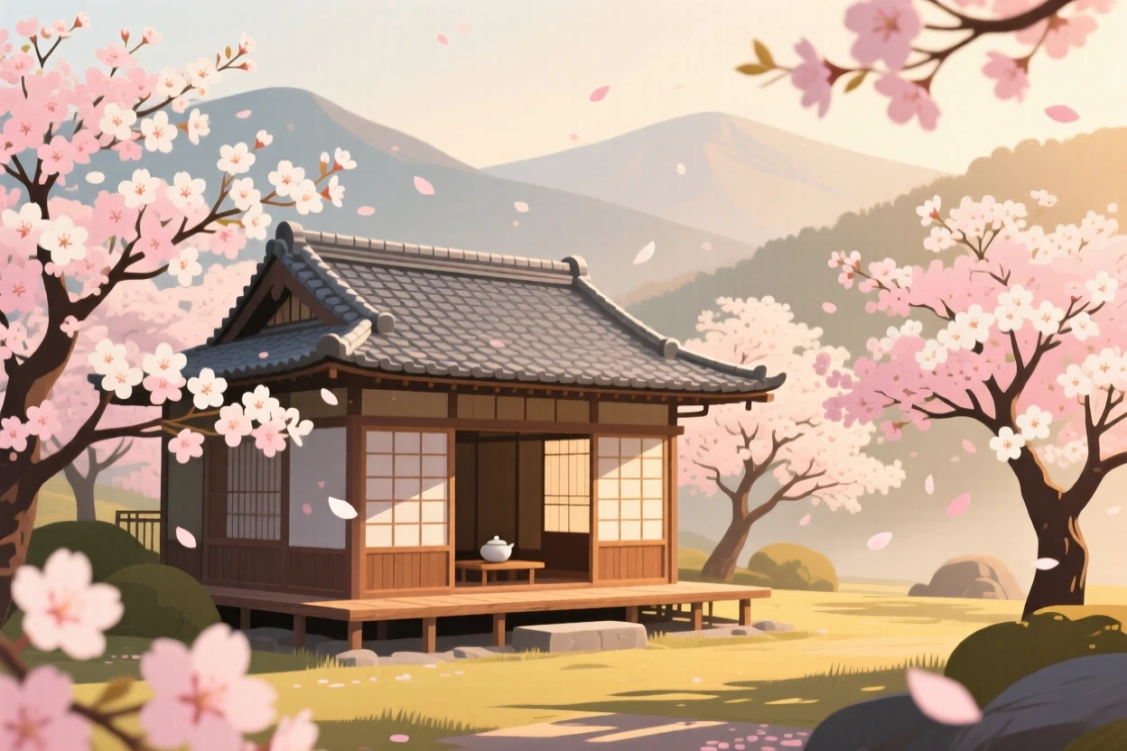 A traditional tea house nestled among blooming cherry trees, with distant mountains fading into soft haze, captured with warm inviting light filling the frame, with a nostalgic, postcard-like charm.