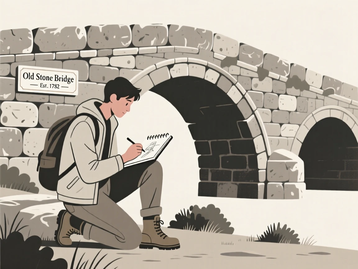 A traveler sketching in a notebook near an ancient stone bridge.