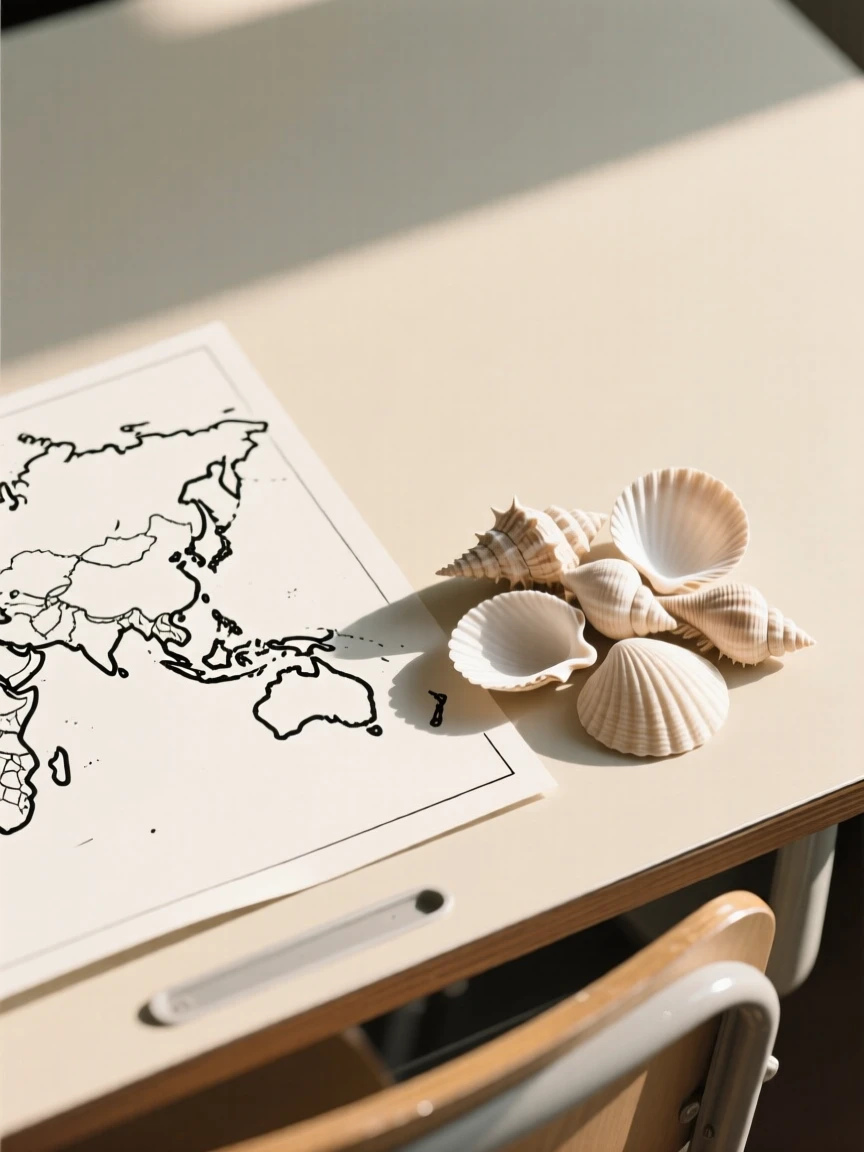 A close-up study of a hand-drawn world map placed beside a handful of seashells on a sunlit study, full of gentle sentimentality.