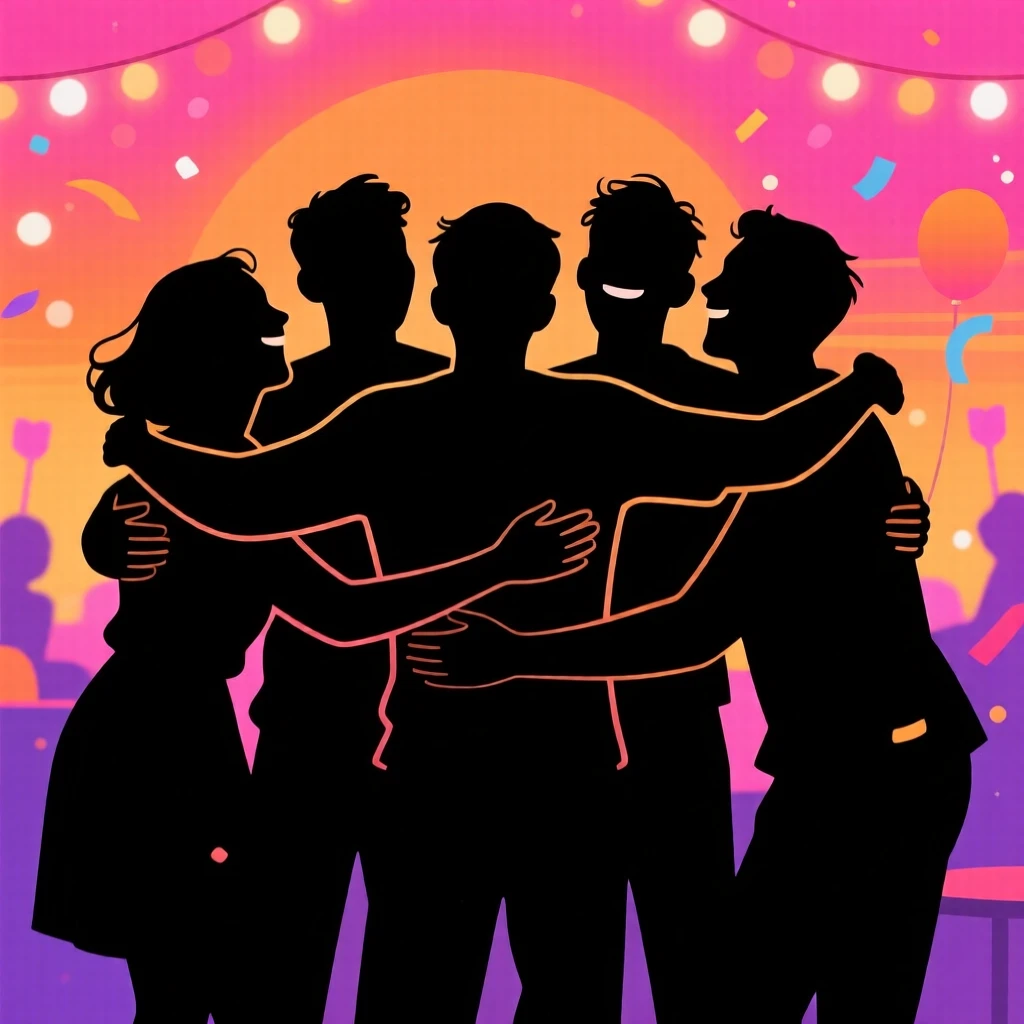 A wide group hug among friends celebrating at a surprise party.