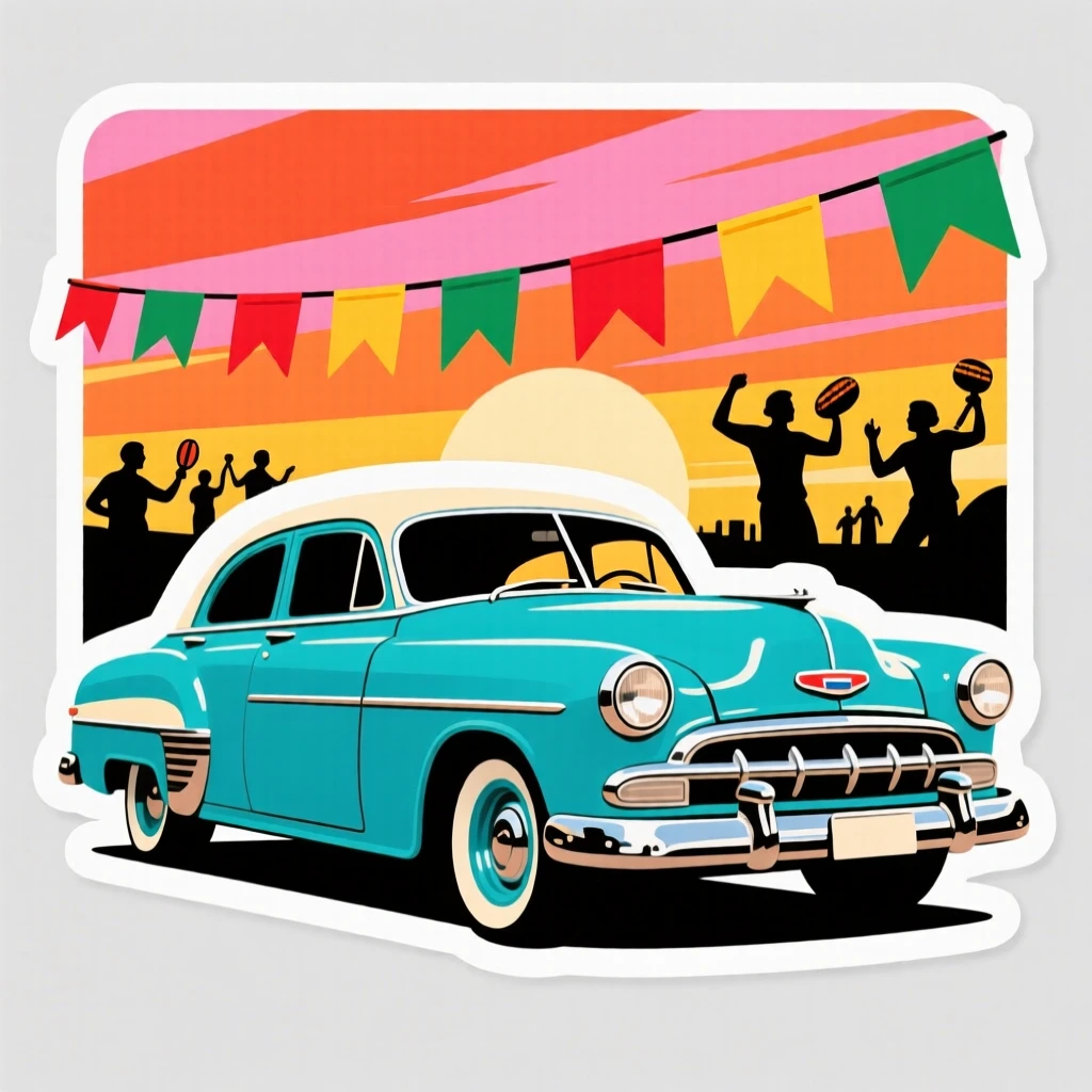 A picturesque Cuban vintage car in vibrant color, under a sky streaked with warm colors, at the peak of a local festival.