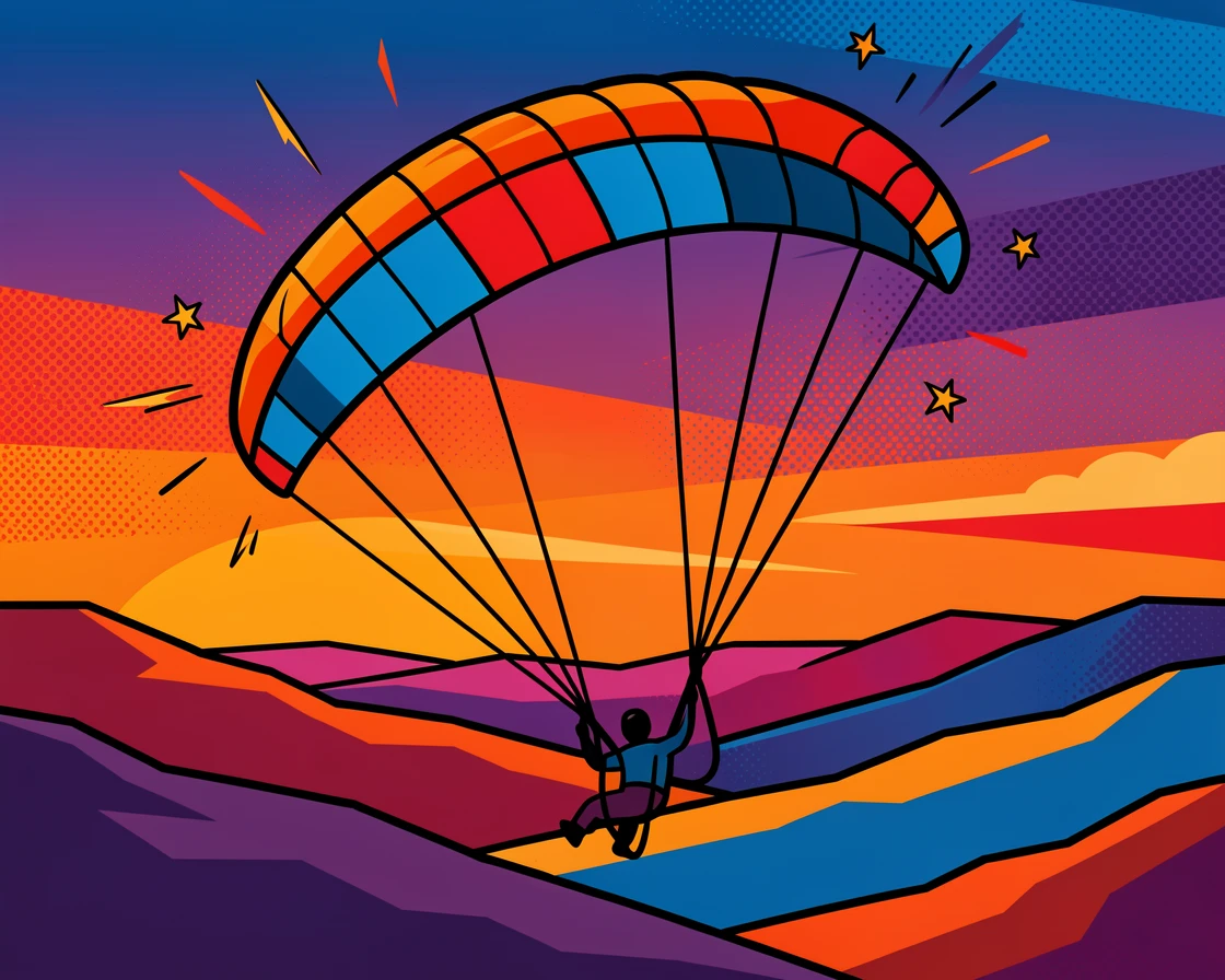 A paraglider drifting above a late-day valley at sunset