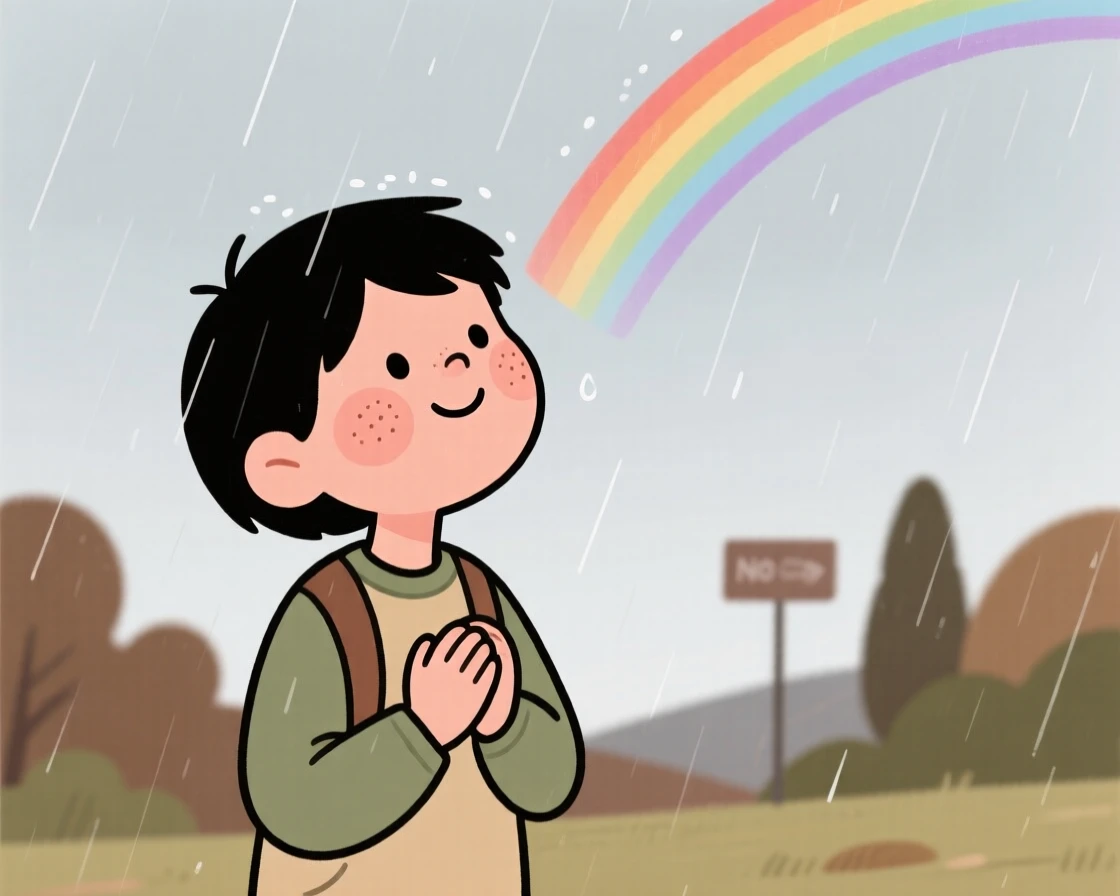 A curious teenager looks up in quiet wonder at a rainbow after the rain, hands clasped together as a feeling of gratitude settles over the scene.