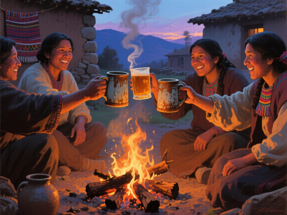 A tightly framed close-up of friends toasting with mugs of cider around a crackling campfire, in a Peruvian Andean village, at twilight.
