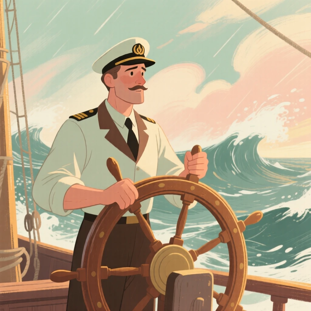 A ship's captain steering through a storm at sea