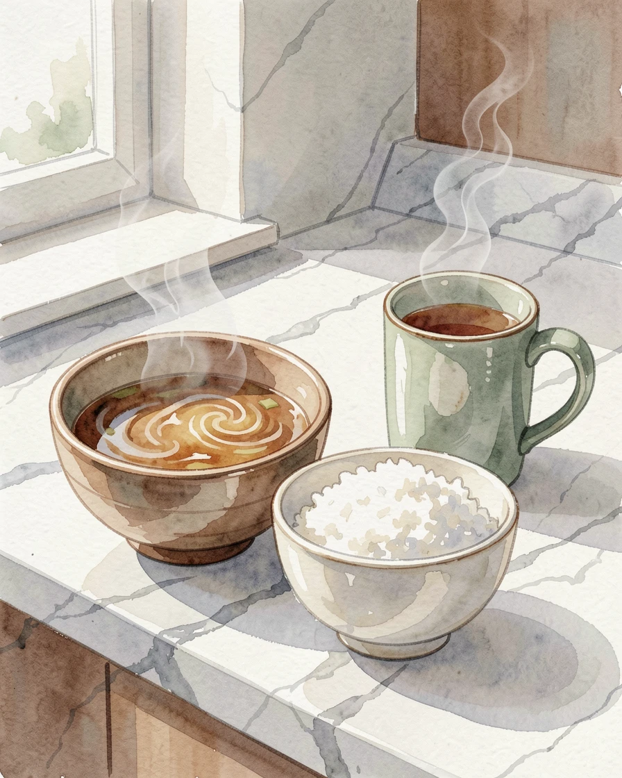 A bowl of miso soup and rice on a marble countertop with a warm mug of tea alongside.