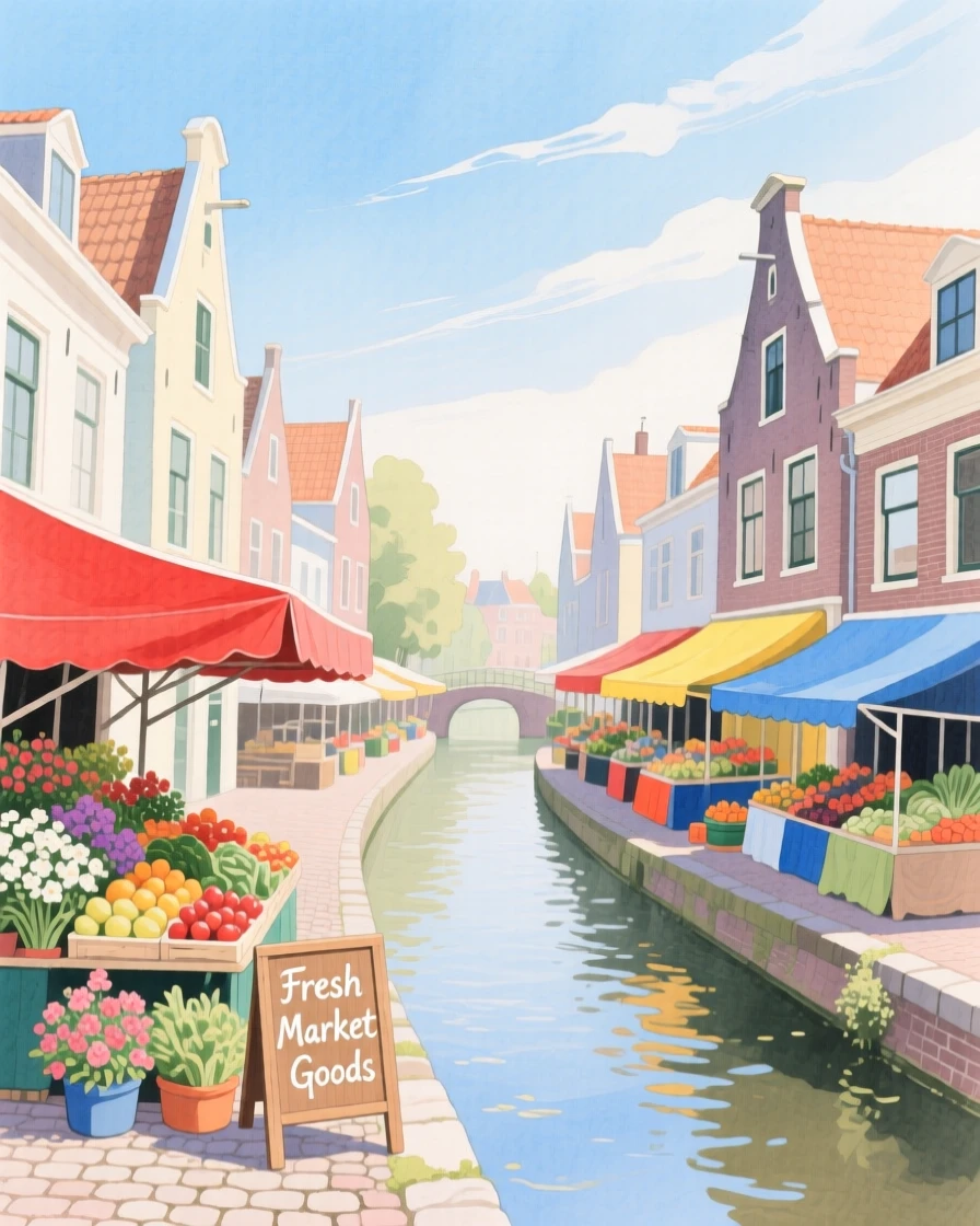 A picturesque view of a canal-lined Dutch town with colorful market stalls lining the street, beneath a clear blue sky