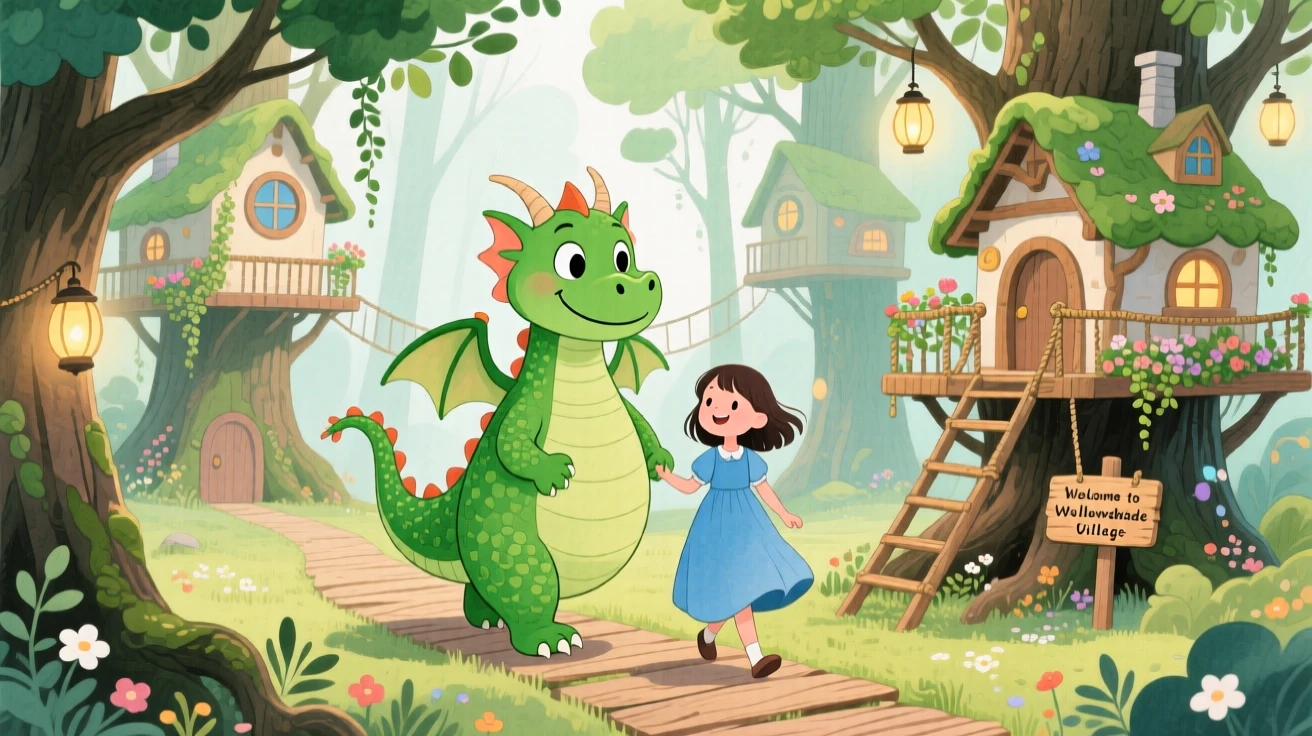 A friendly green dragon guiding a girl in a flowing blue dress through a magical treehouse village.
