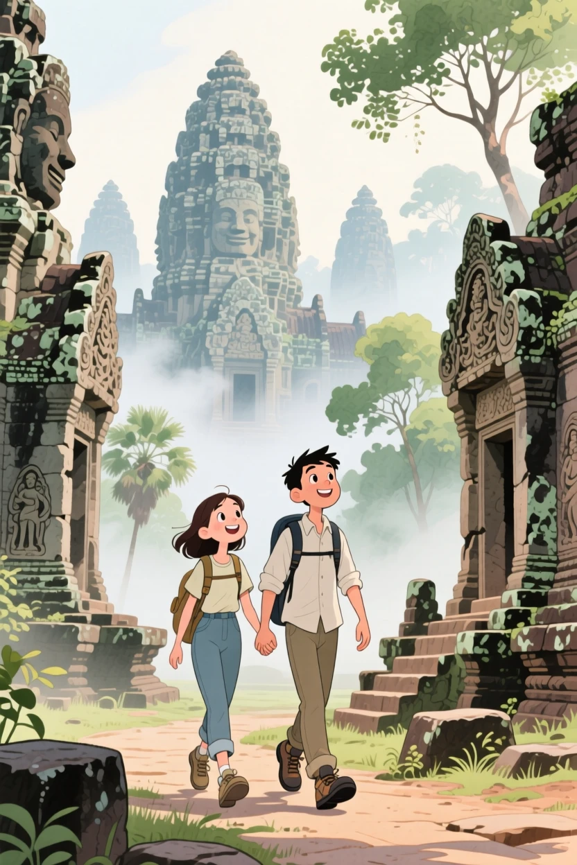 A young couple wanders hand in hand amid the ancient temples of Angkor Wat wrapped in morning mist, evoking wanderlust and adventure.