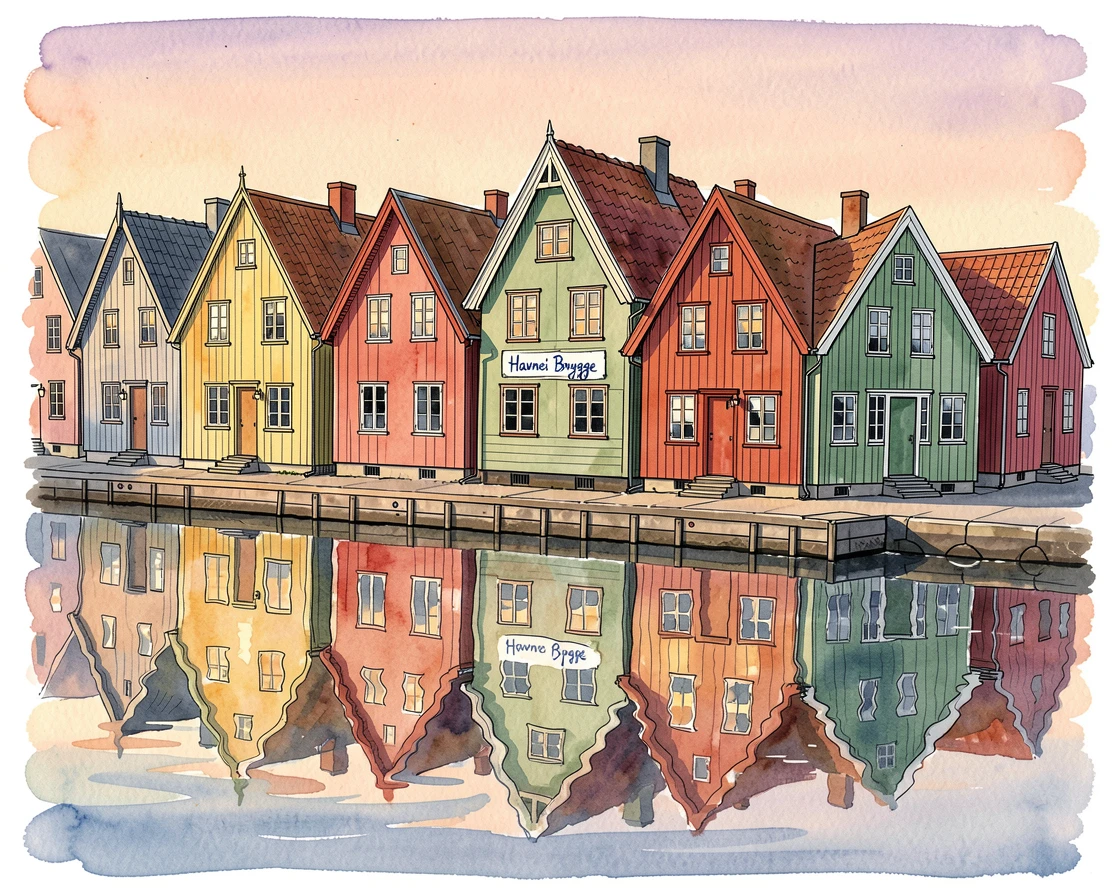 A colorful row of houses reflected in a still Nordic harbor, soft evening light glowing warmly over the buildings.