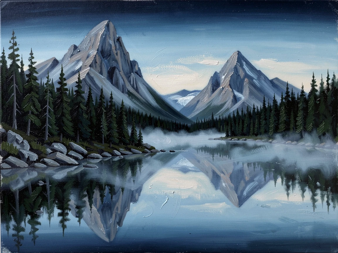 At the edge of a dark pine forest, twin peaks reflected in a still glacial tarn, morning mist pooling in the valley far below, in the soft blue light just before dawn.