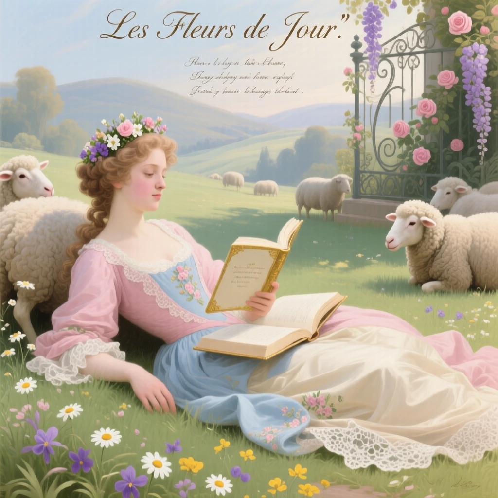 A young shepherdess resting beside her flock with a book and wildflowers  