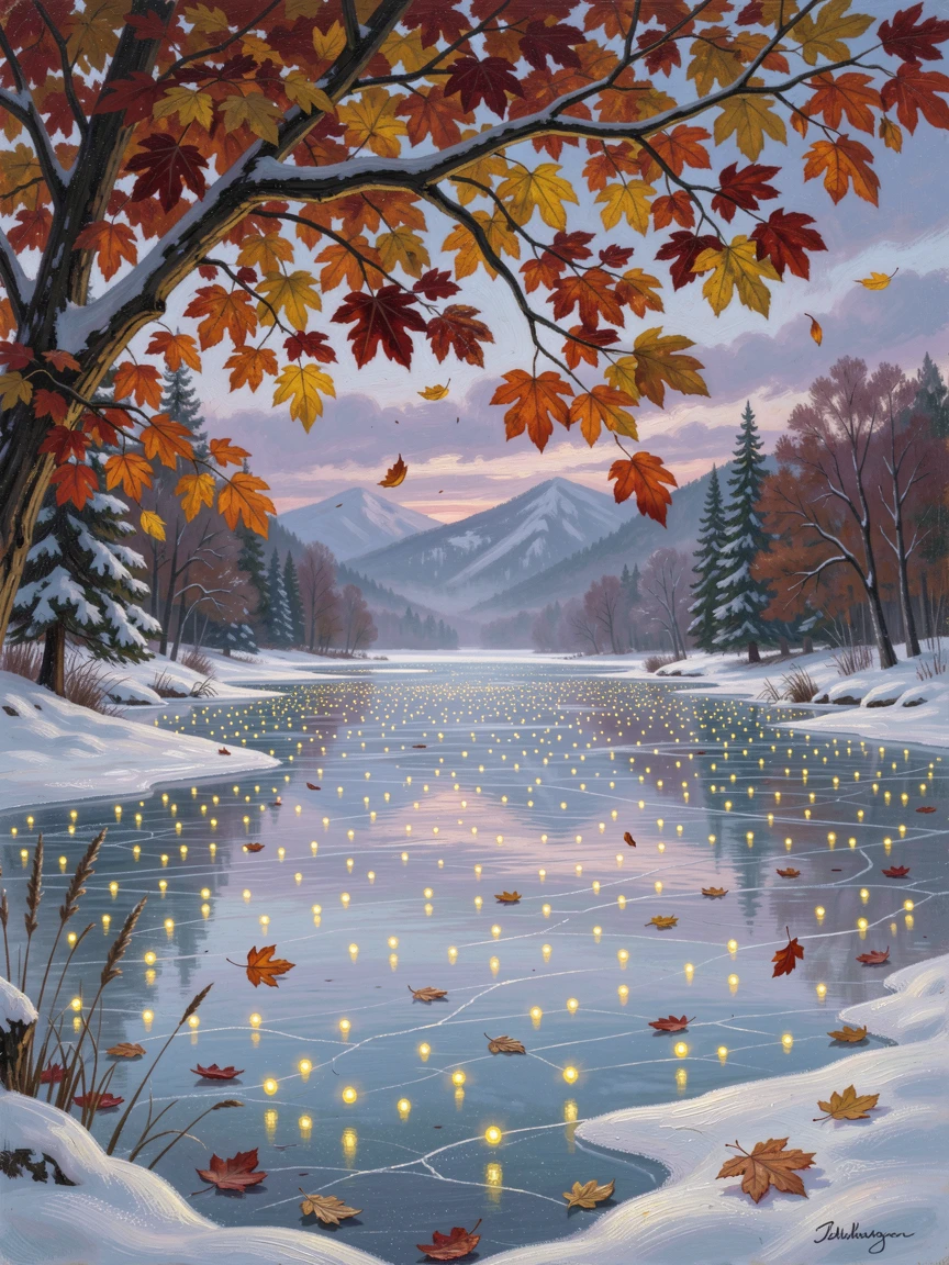 Fireflies cover a frozen pond in winter beneath a canopy of falling leaves.