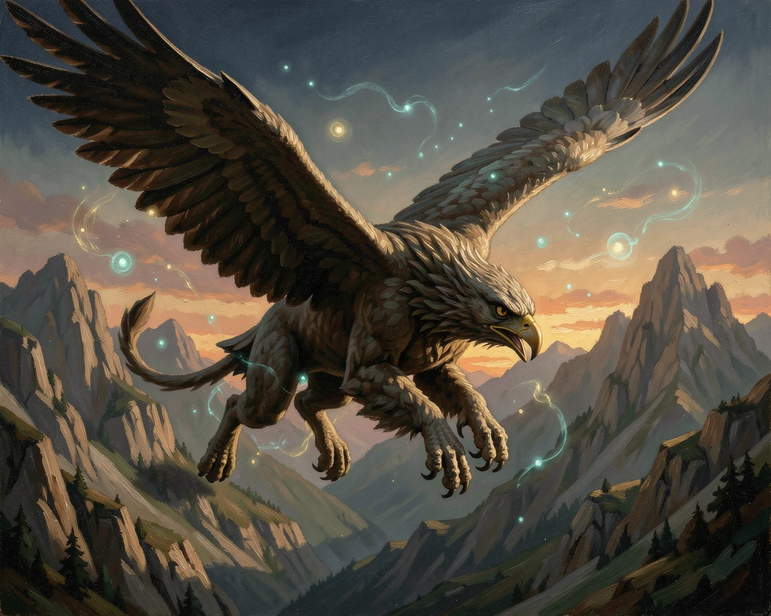 A fierce griffin soaring above a dramatic mountain range at sunrise, as glowing magical elements illuminate the surrounding darkness, blending fantasy imagination with striking photorealistic detail