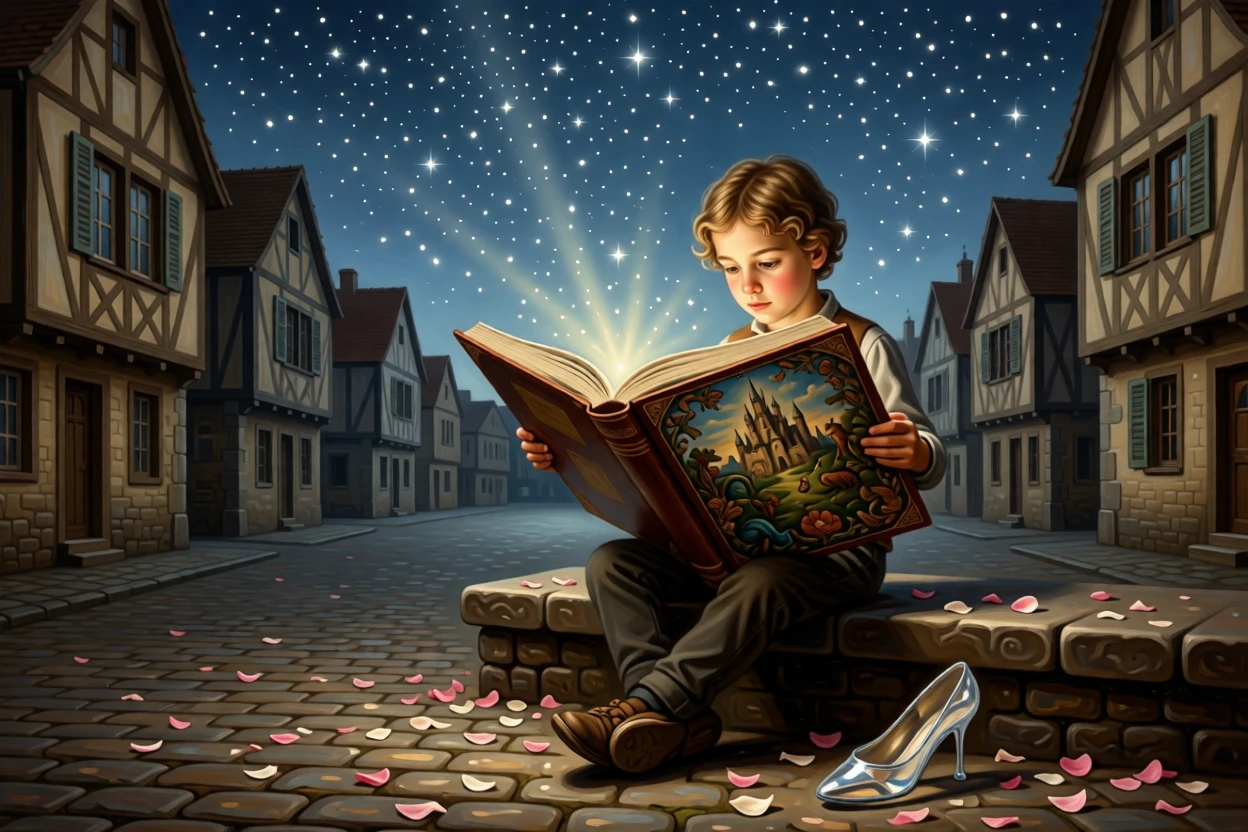 A young reader lost in an enormous illustrated storybook in a scene familiar yet freshly reimagined, set beneath a canopy of stars over a sleepy village square, with scattered rose petals, an open storybook, and a forgotten glass slipper; the composition frames the central figure like a page brought to life, radiating whimsy touched with gentle melancholy.