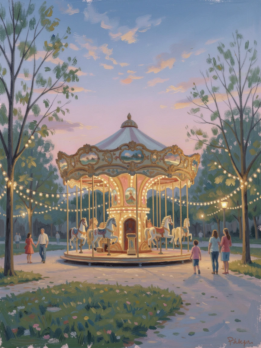 An old-fashioned carousel turning at dusk in a park filled with glowing string lights, capturing a fleeting moment of pure happiness.