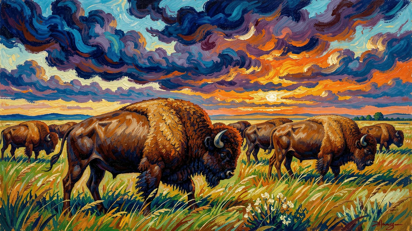 A herd of bison grazing on the open prairie beneath a dramatic sky.